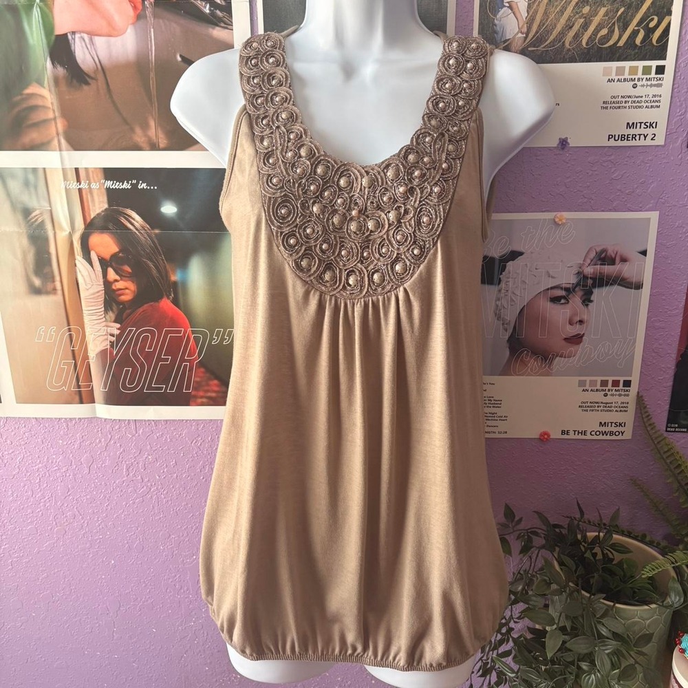 Vintage Y2K Embellished Rosette Beaded Tank Top Brown Size Medium